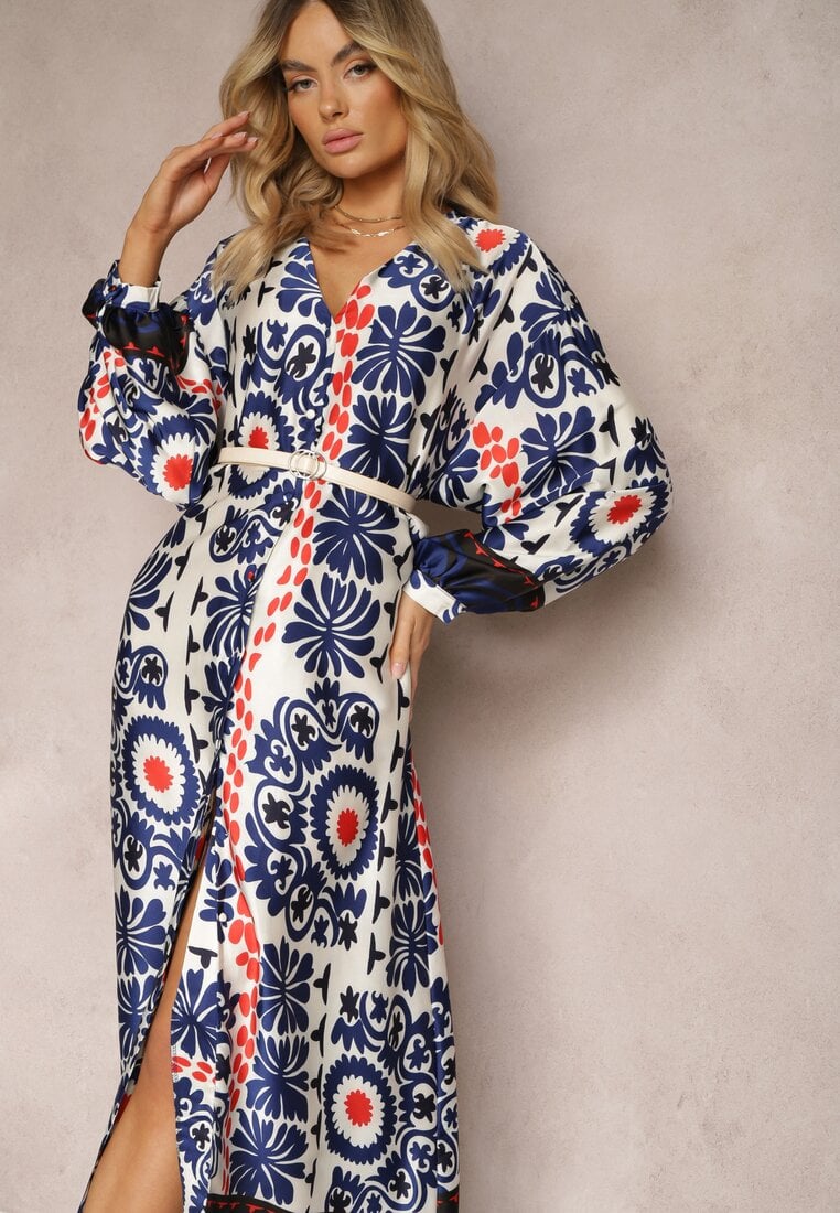 Rochie Croi Drept Albastră din Țesătură de Satin cu Model Ornamental Allilena