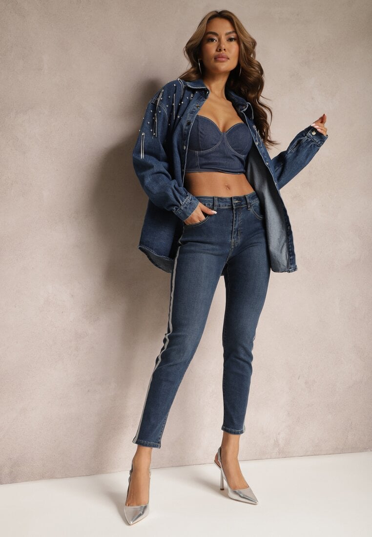 Blugi Bleumarin model Skinny cu benzi laterale cu sclipici Qistella