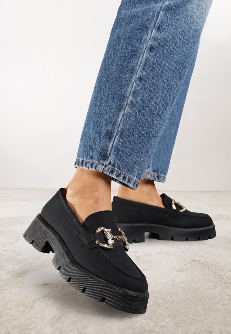 Mocasini Negri cu Talpă Groasă în Culoarea Feței cu Cataramă Rosarose