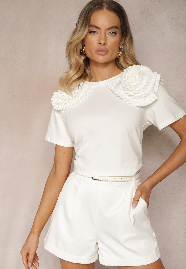 Tricou Alb din Bumbac Finisat cu Elemente Decorative Kililena