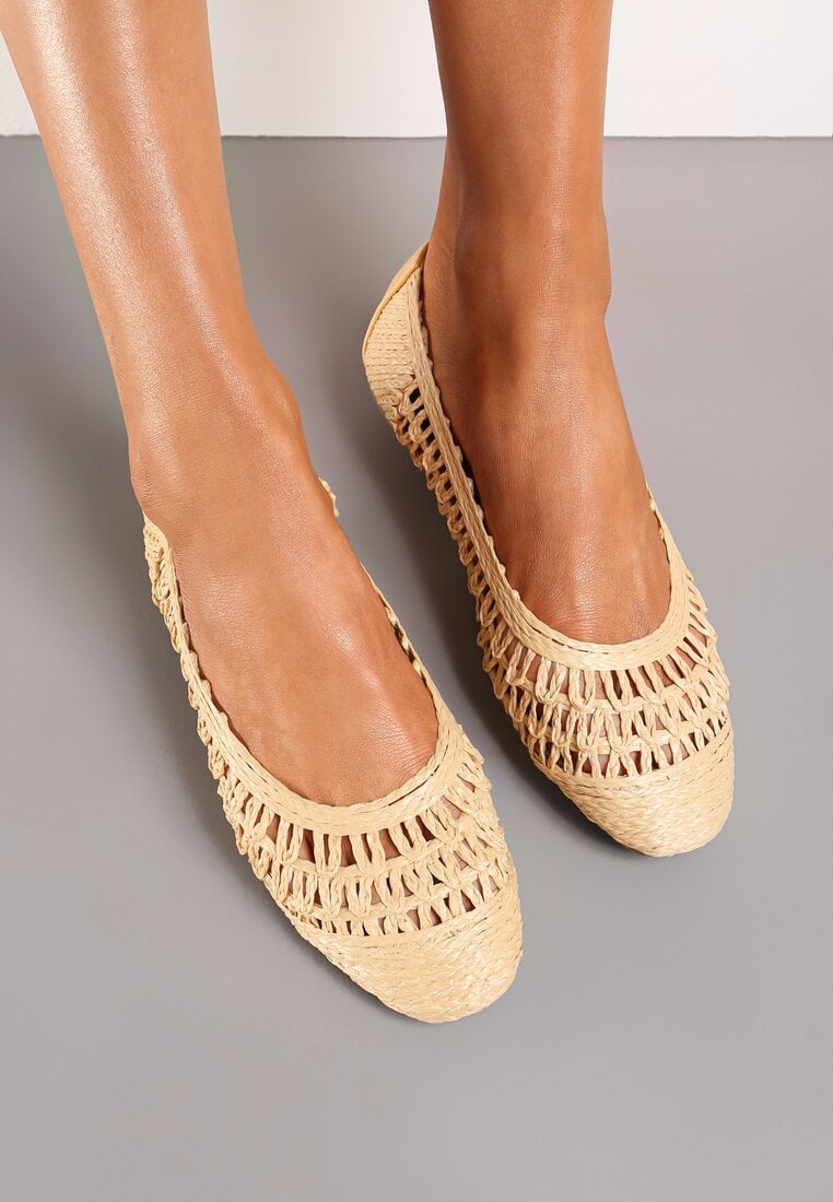 Balerini Bej Plati din imitație de piele cu finisaj ajurat Yines