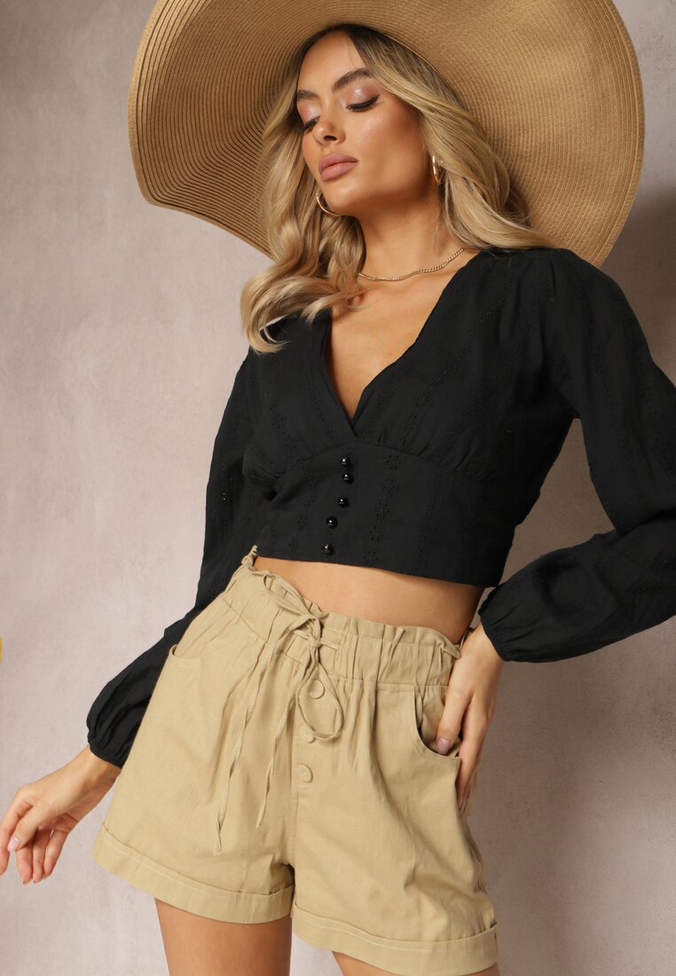 Pantaloni scurți Bej cu nasturi și elastic în talie cu șnur Amalilena