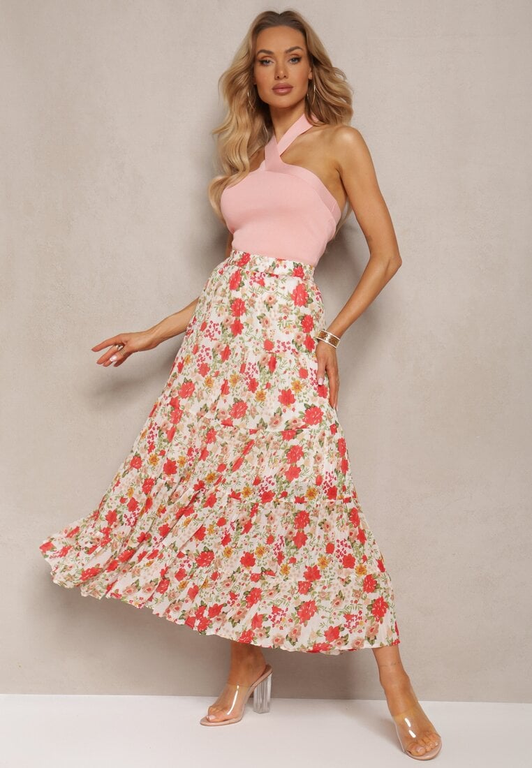 Fustă Albă-roșie Florală cu elastic în talie și volane Qeritellia