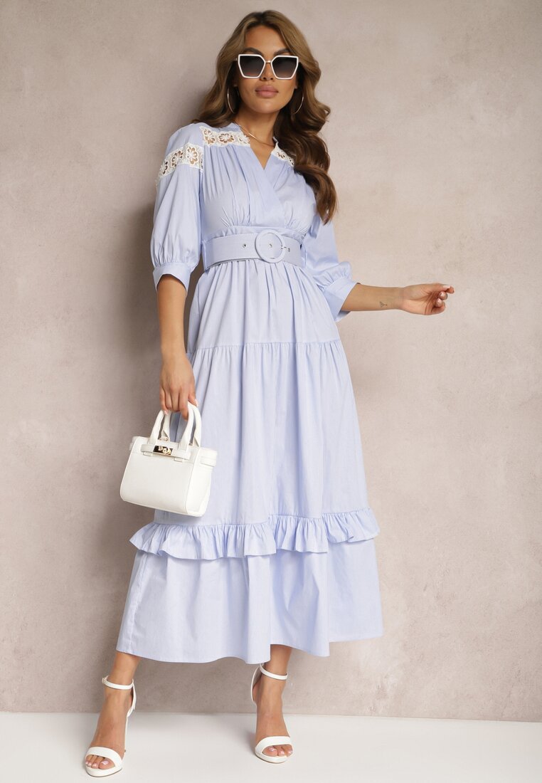 Rochie Albastru deschis cu Decolteu Petrecut cu Curea în Talie cu Croială Evazată Pialisa