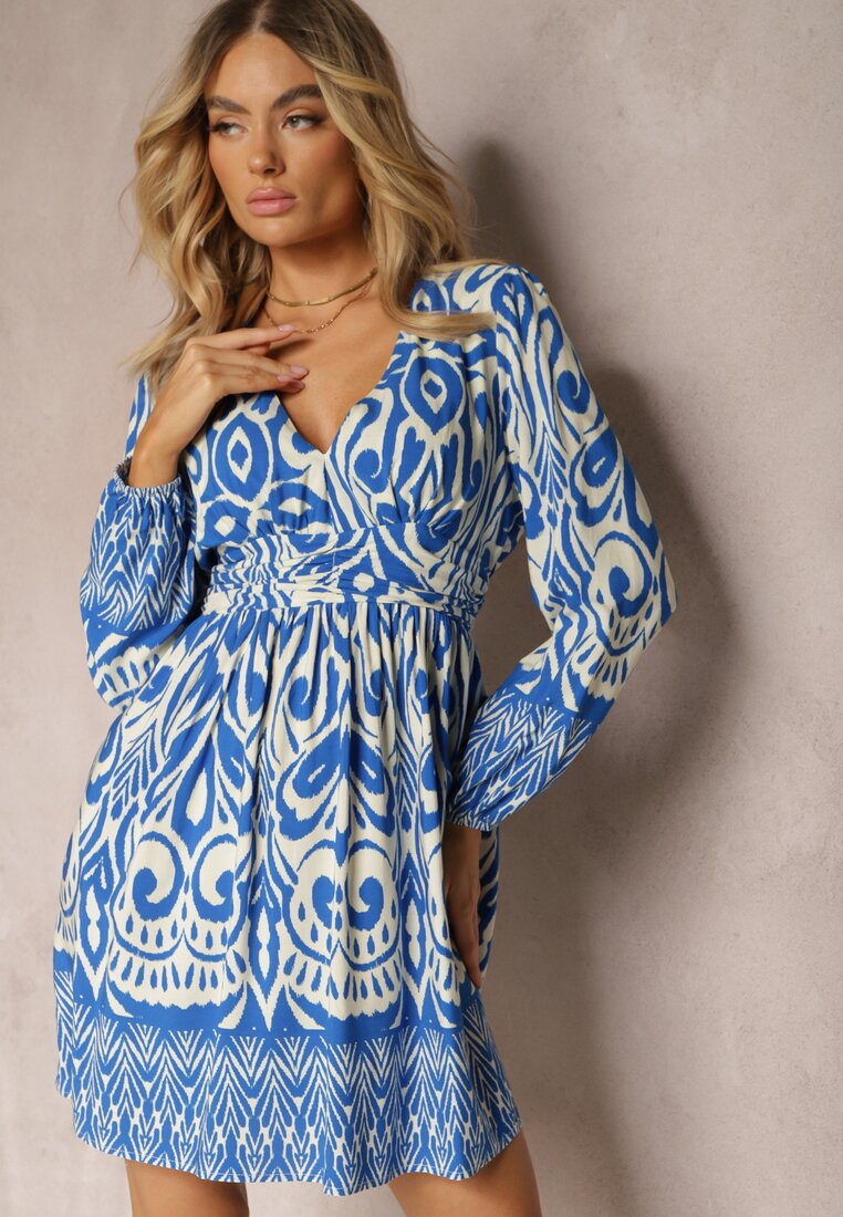 Rochie Albastru-Albă de vâscoză cu croi evazat cu mâneci lungi terminate cu elastic Kililasa