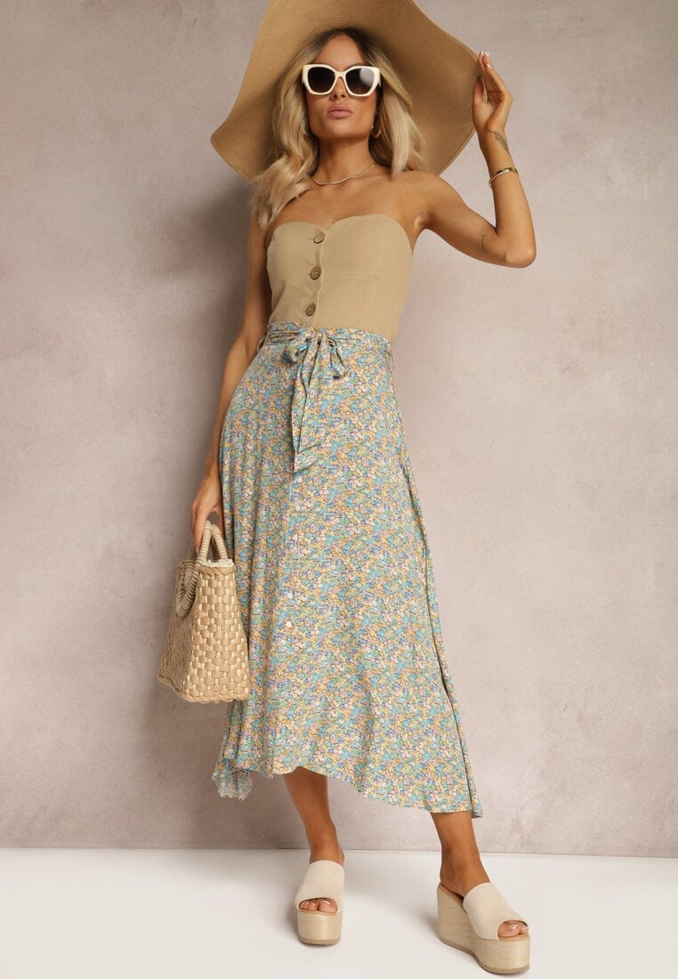 Fustă Cloș Galben-Verde Încheiată cu nasturi Cu elastic în talie Wana