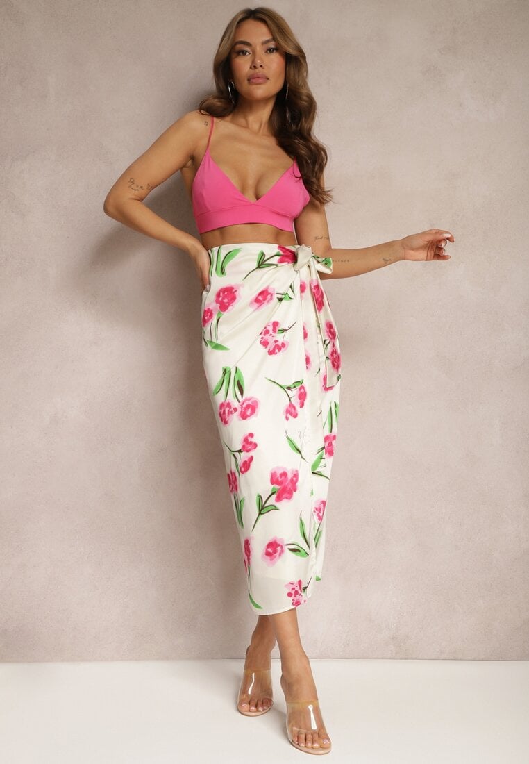 Fustă Plic Bej și Roz Legată în Talie cu Imprimeu Floral din Satin Ailepatia
