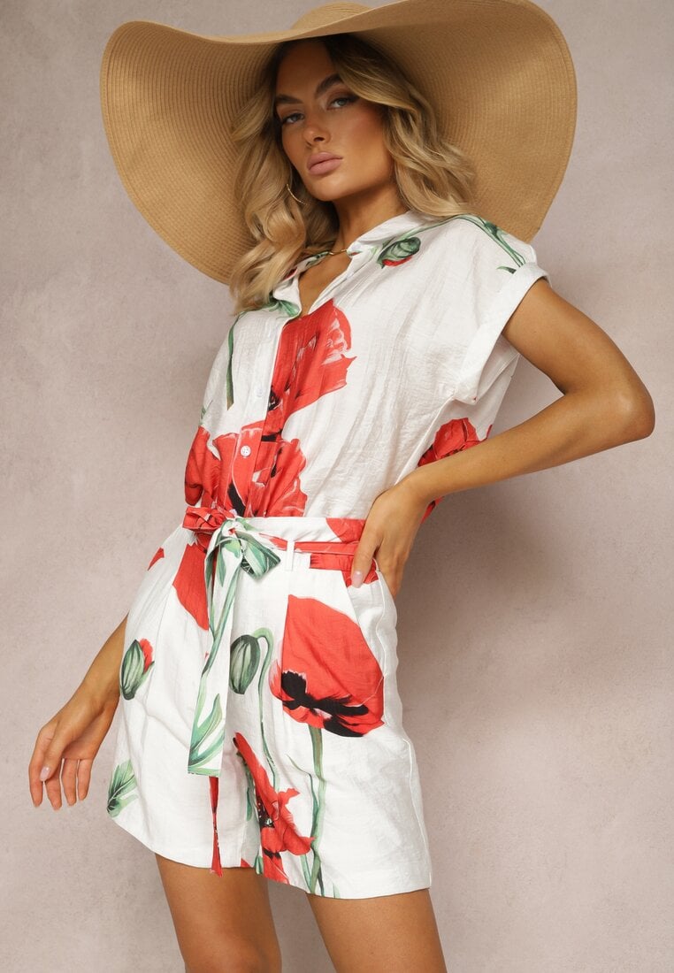 Pantaloni scurți Bermude Bej și Roșii cu Imprimeu cu Maci și Legătură în Talie Liecara