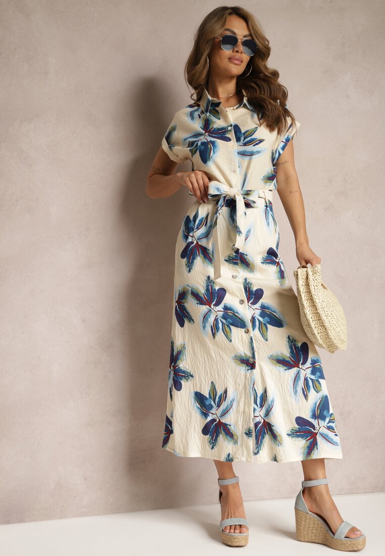 Fustă Bej și Bleumarin Cloș Talie Înaltă cu Cureaua din Material Daela