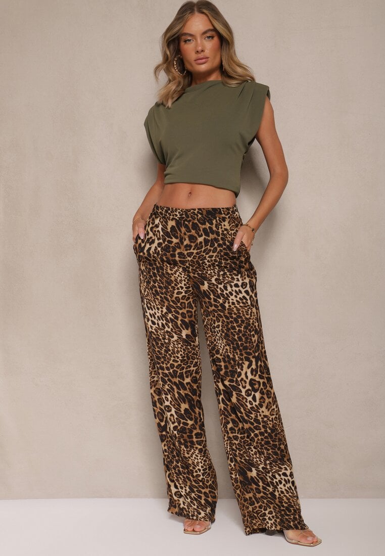 Pantaloni Bej cu imprimeu leopard cu picioare largi Talie înaltă cu închidere laterală cu fermoar Frisalie