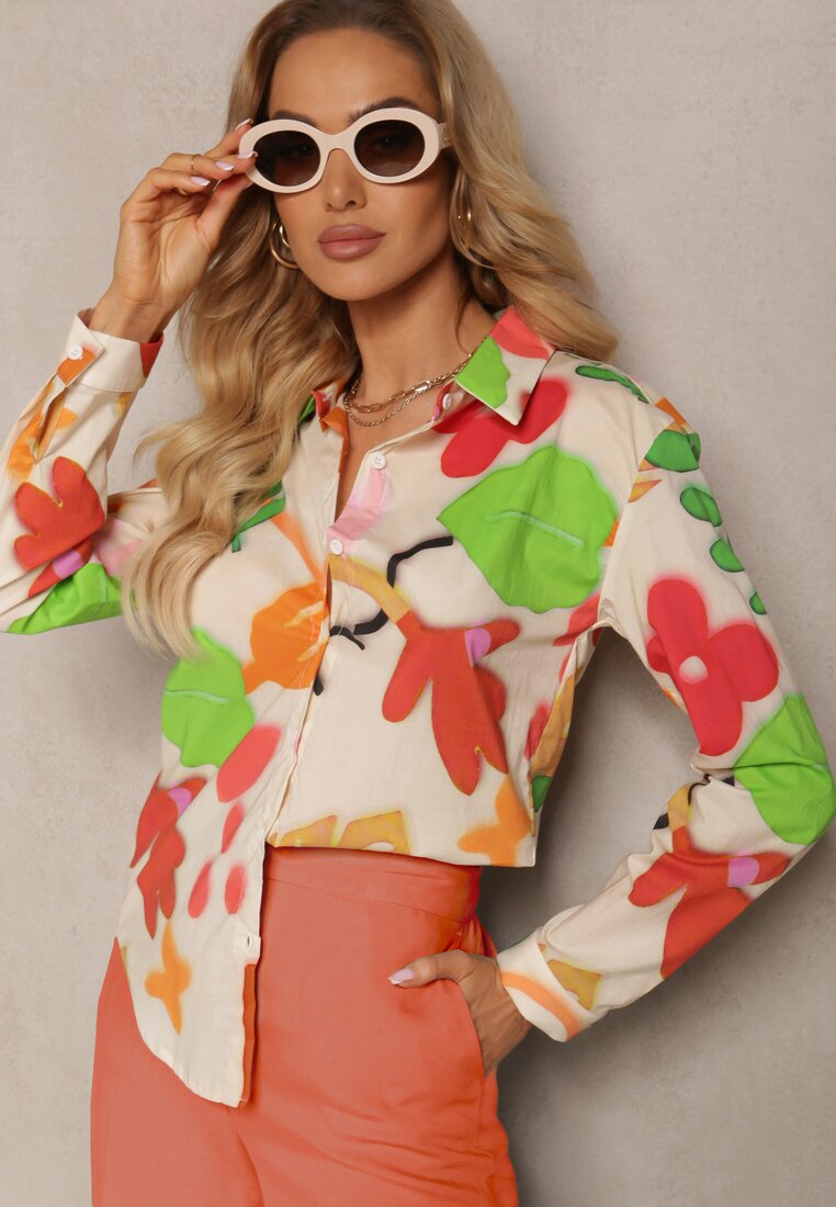 Cămașă Bej-Verde de bumbac cu Model Abstract Bellanight