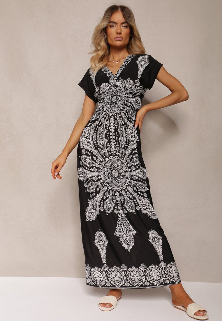Rochie Neagră de Vară cu elastic în talie, cu top petrecut și imprimeu ornamental Avilepea