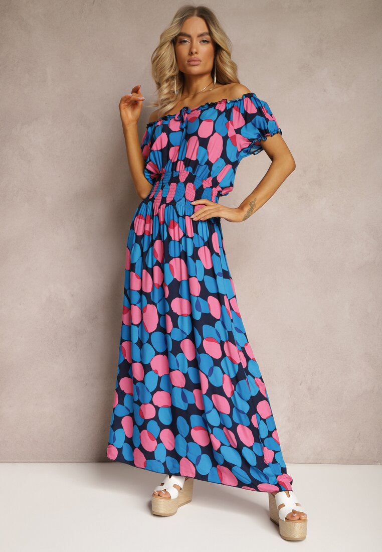 Rochie Bleumarin-roz tip spaniolă din bumbac cu elastic modelator în talie Vearica