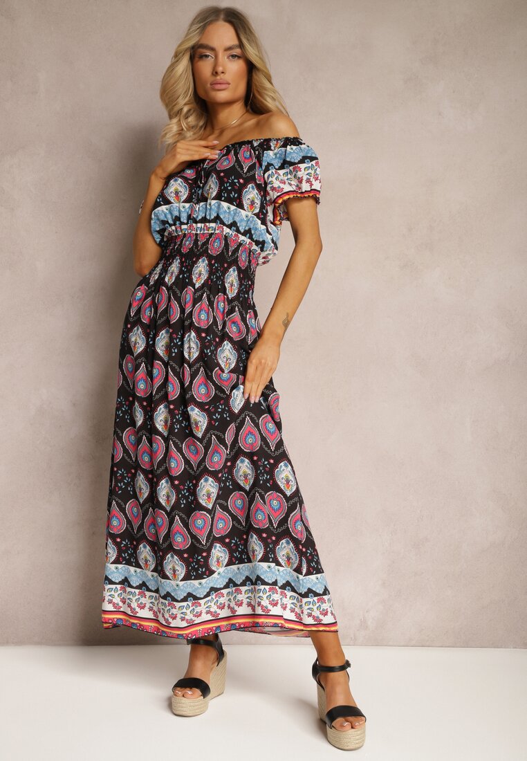 Rochie Negru-Roz din bumbac cu elastic în talie și cu model mozaic Vestra