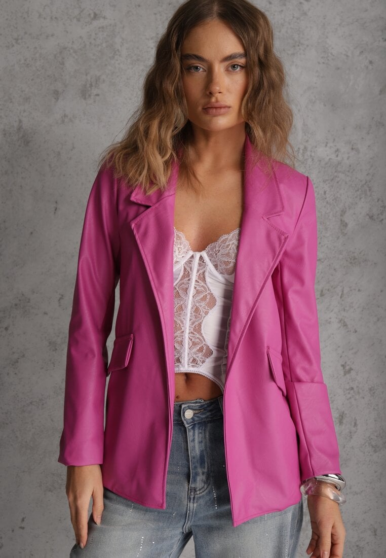 Sacou Roz închis structurat din piele ecologică deschis cu umeri buretați Suniya