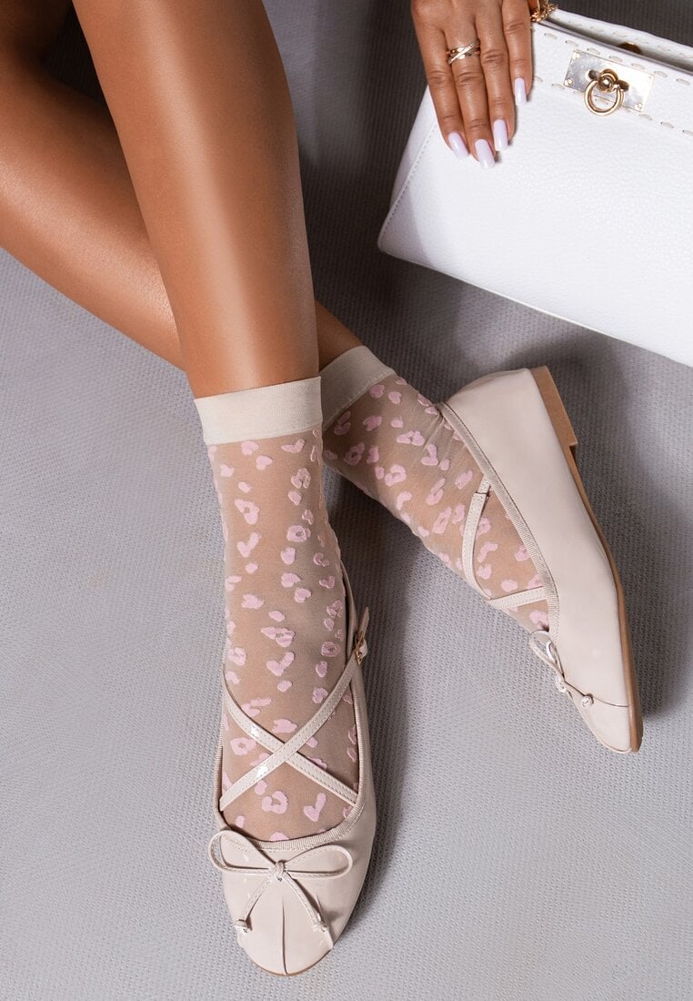 Balerini bej plati din imitație de piele cu barete decorative și cataramă decorați cu fundă Xisaa