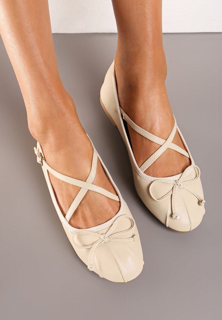 Balerini Bej cu barete decorative cu cataramă și fundiță Zrisa