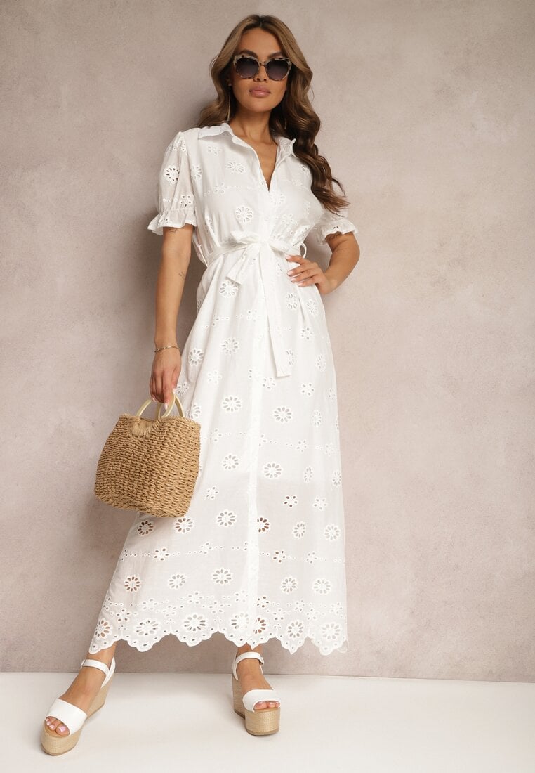 Rochie Albă Ajurată cu Croială Tip Cămașă, cu Broderie și Mâneci Bufante Vianda