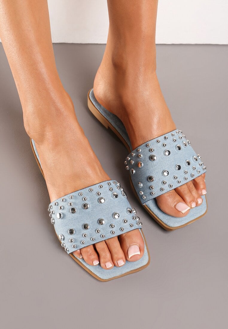 Papuci Albastru deschis din imitație de piele cu talpă plată cu nituri decorative Risalia