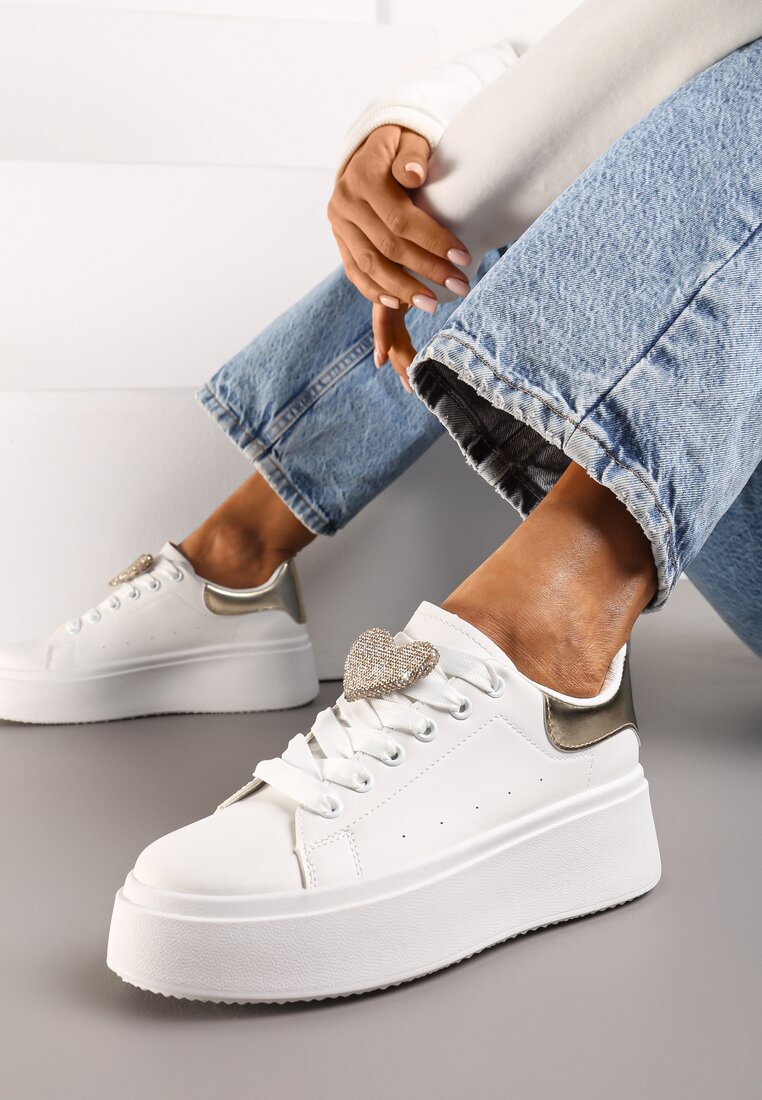 Sneakers Alb-Auriu Legate Casual cu Platformă, cu Zirconii și Aplicație Metalică Illita
