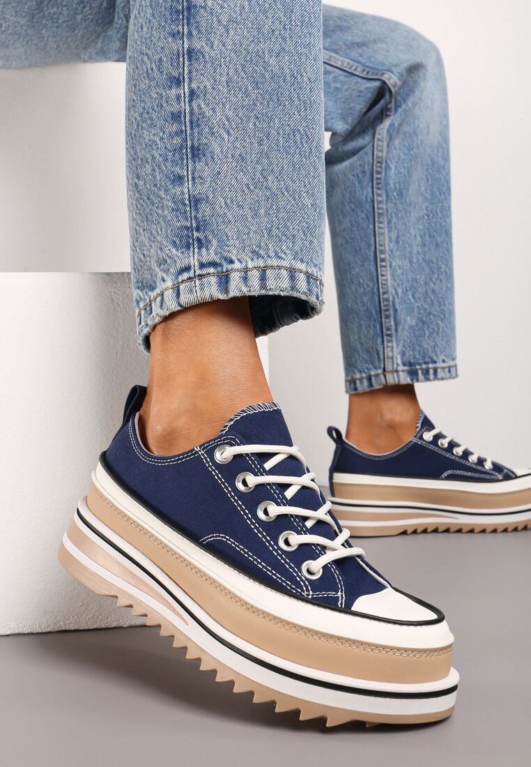 Tenisi bleumarin pe platformă decorativă cu șireturi Moonoria