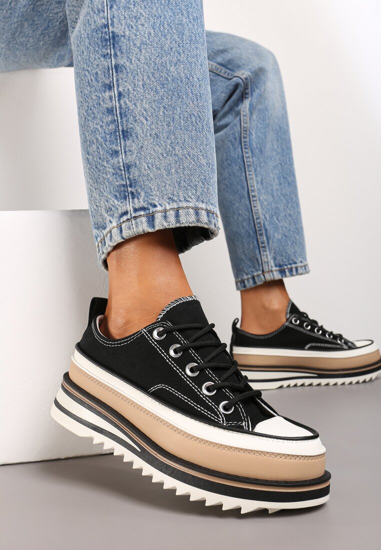 Adidași Negre cu Platformă Decorativă cu Șireturi Moonoria