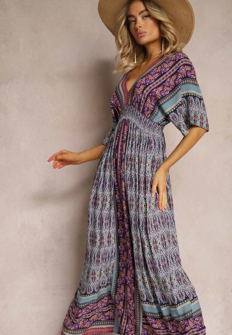 Rochie Violetă Boho cu Mâneci largi, cu elastic în talie și Legătură la spate Piomina
