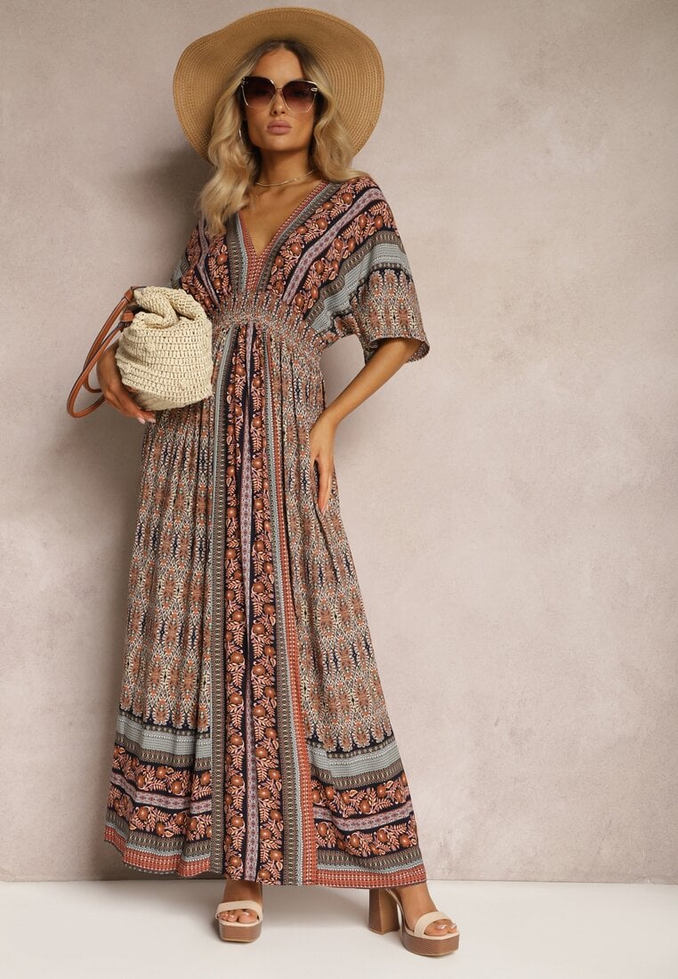 Rochie Maro Boho cu Mâneci Lărgi, cu Elastic în Talie și Nod la Spate Piomina