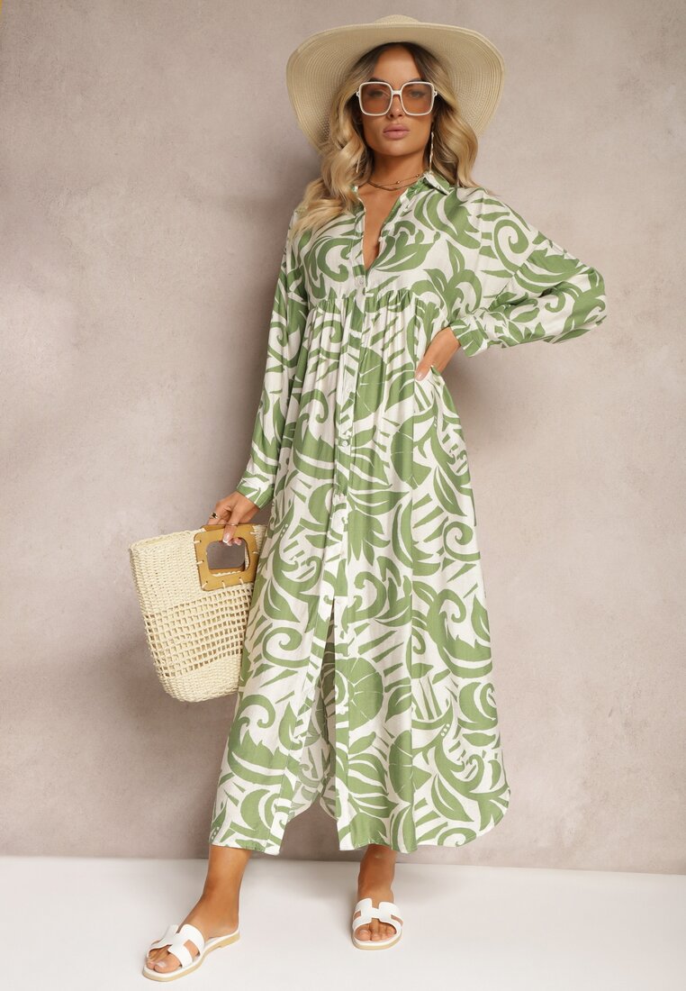Rochie Evazată Verde Tip Cămașă cu Închidere cu Nasturi și Volan Kelloena