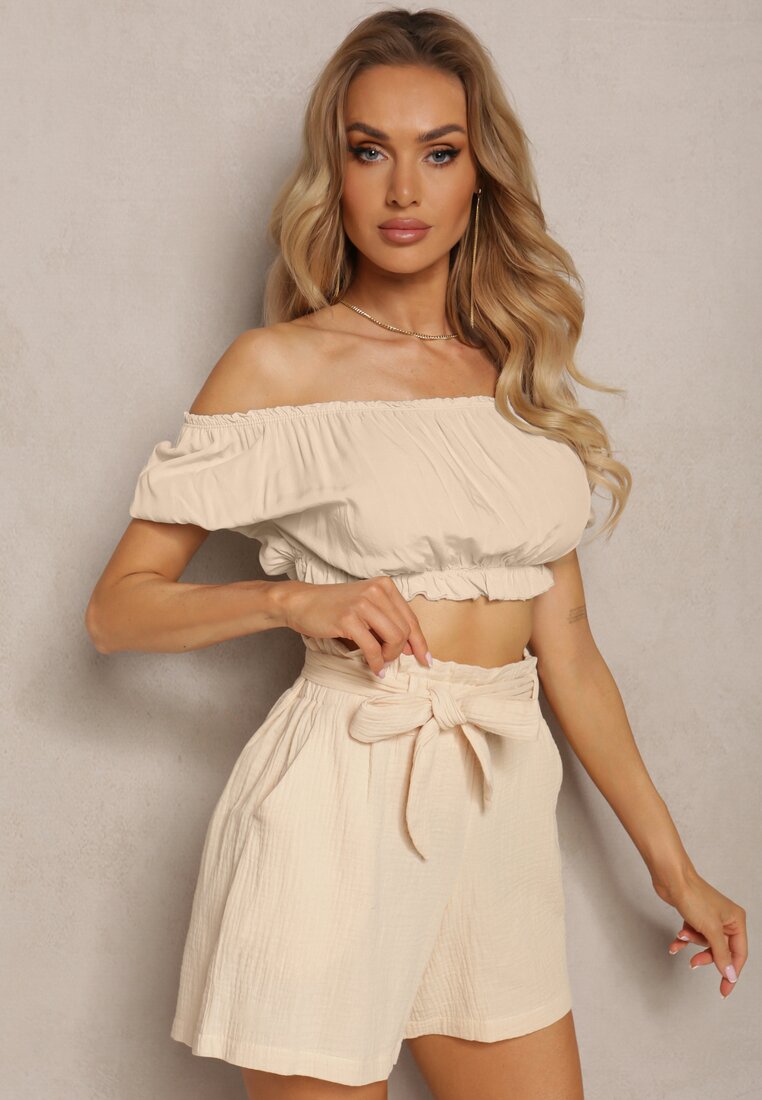 Pantaloni scurți bej din bumbac cu elastic în talie și curea Lovenia