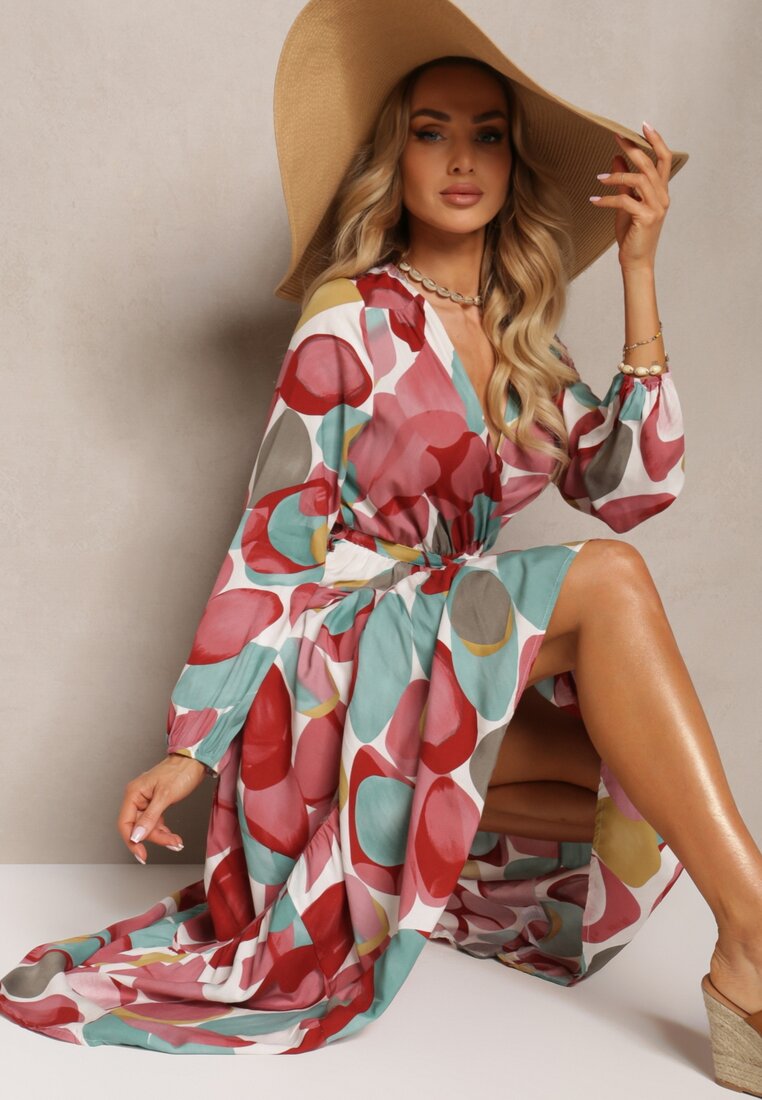 Rochie Roșu-Verde din Viscoză cu Decolteu Triunghiular cu Elastic în Talie și Curea din Material Fiavena