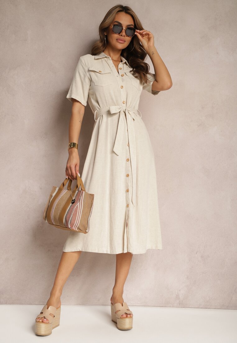 Rochie din viscoză bej închis cu in, nasturi și mânecă scurtă, decorată cu curea din material Gracilla