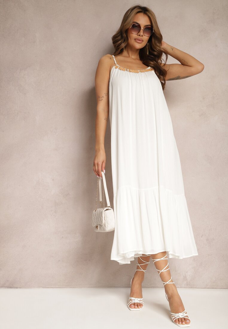 Rochie Albă din Viscoză cu Bretele Decorată cu Paiete și Fir Metalic