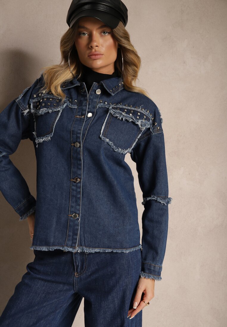 Jachetă de blugi bleumarin din bumbac cu elemente rupte și ținte Trudilla