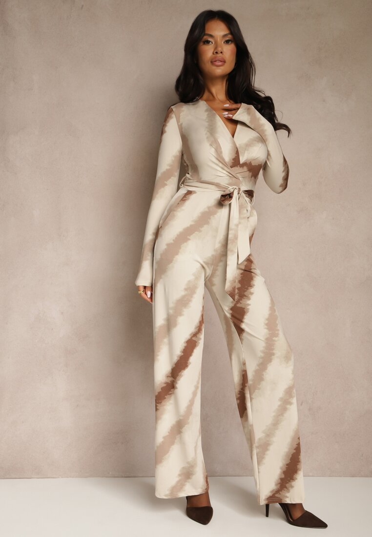 Salopetă Bej cu Decolteu Triunghiular și Curea în Talie Nanthe