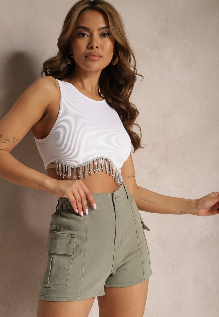 Pantaloni scurți Verzi din bumbac cu talie înaltă cu elastic în talie și buzunare Nellieta