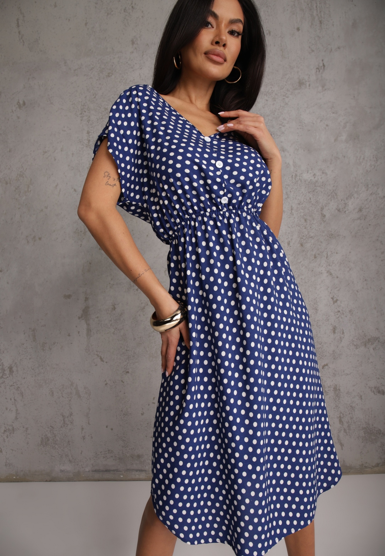 Rochie Bleumarin din Bumbac cu croială cloche cu elastic în talie Emilla