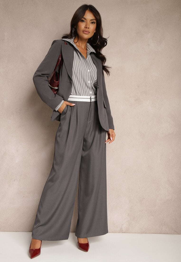 Pantaloni Gri din Viscoză Palazzo Talie înaltă cu Fermoar Nellieva