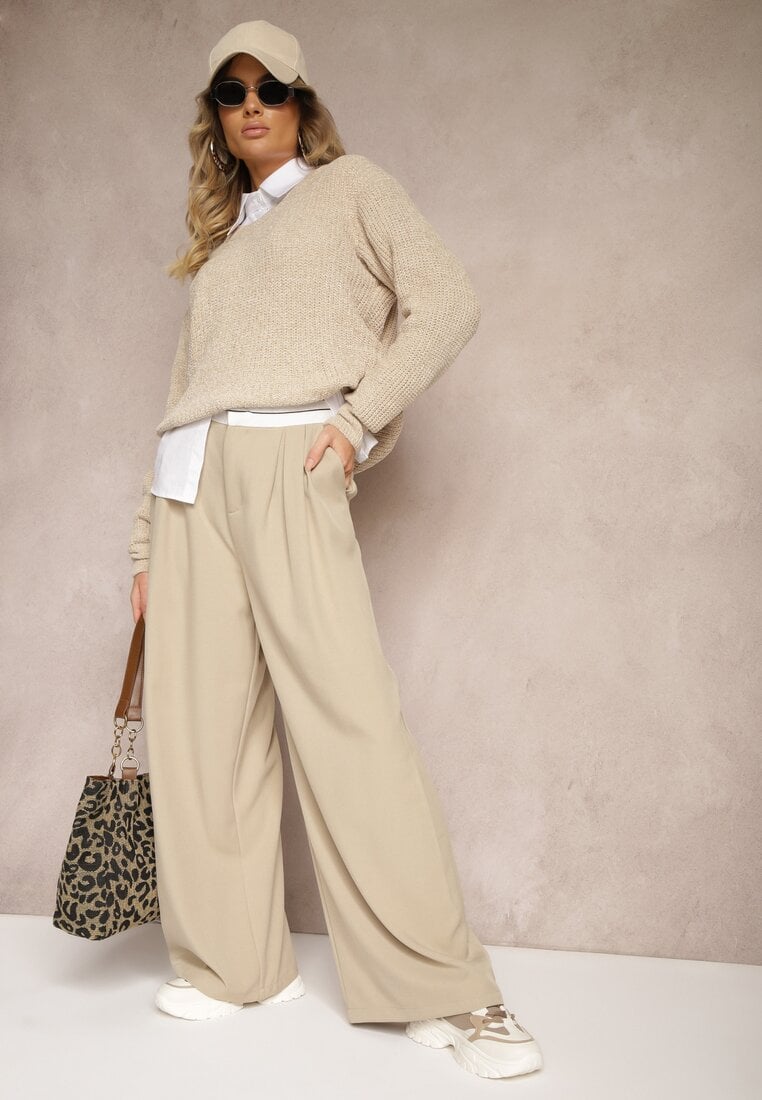 Pantaloni Bej din Viscoză Palazzo Talie Înaltă Cu Fermoar Nellieva