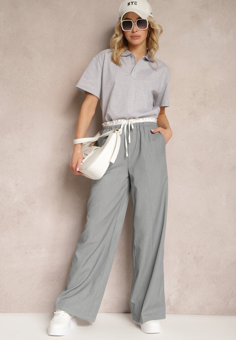 Pantaloni Gri Din material textil Cu picioare largi High Waist Cu elastic în talie Comina