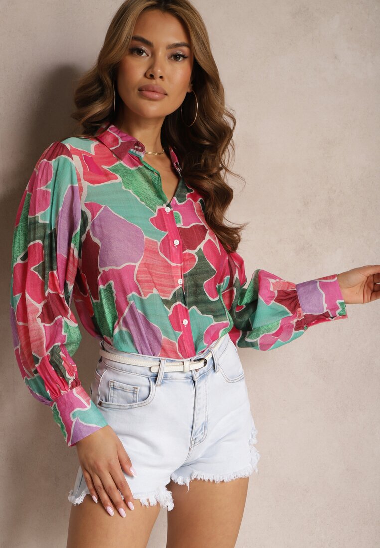 Cămașă Roz-verde cu mânecă lungă și manșete largi închisă cu nasturi Comenna