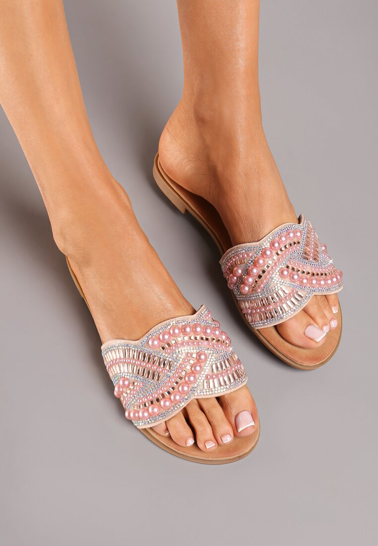 Papuci Champanie Plati din imitație de piele Decorați cu mărgele și perle Farnela