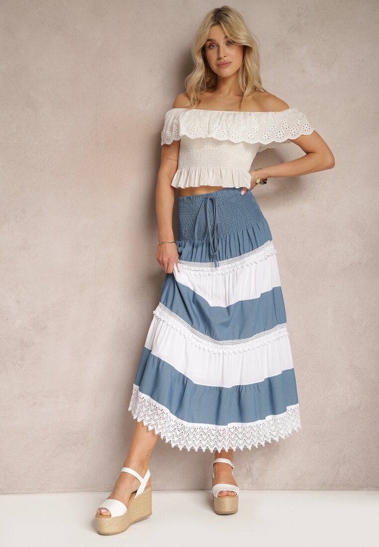 Fustă Alb-albastră din bumbac în stil Boho cu elastic și șnur în talie Uvinia