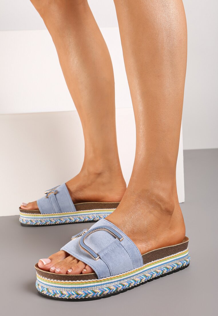 Papuci Albastre cu Căptușeală din Imitație de Piele pe Talpă Plată cu Ornament Metalic Caloen