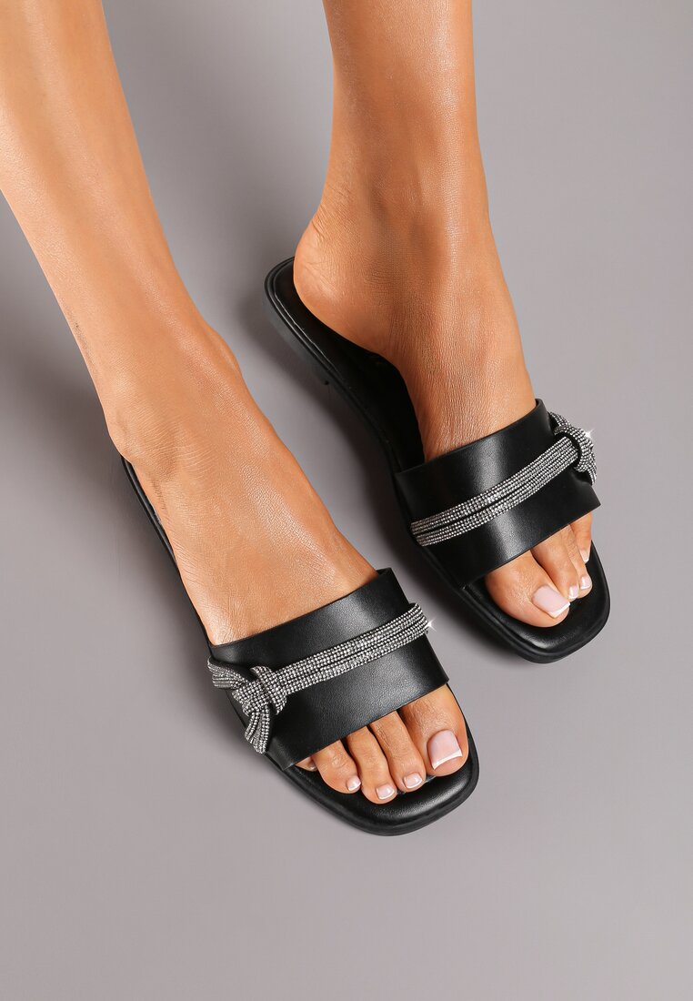 Papuci Negre cu Talpă Plată din Imitație de Piele cu Pietre Decorative Hanita