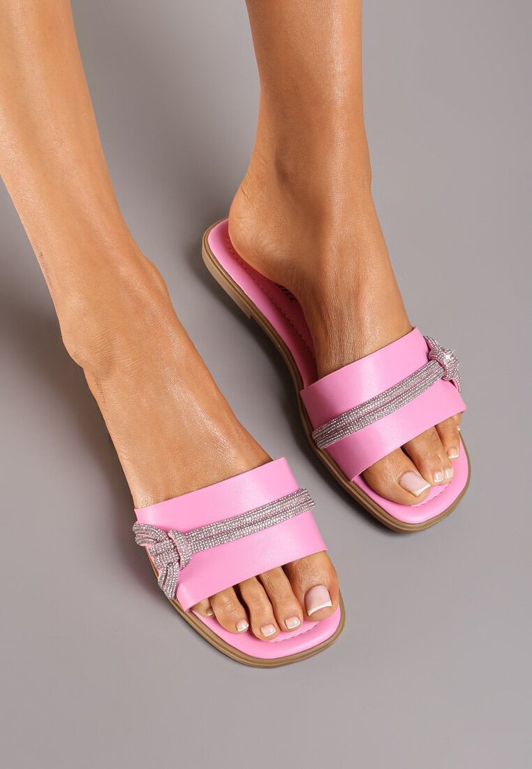 Papuci Roz cu talpă plată din imitație de piele cu strasuri decorative Hanita