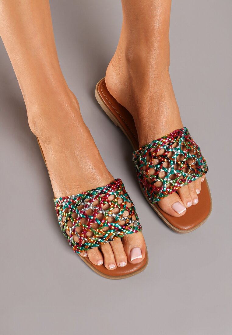 Papuci Albastru-Roz Casual cu Talpă Plată cu Baretă Ajurată Ellnara