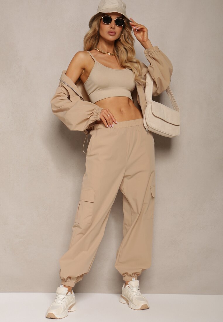 Set de Trening Bej Pantaloni Cargo cu Elastic în Talie și Bluză cu Fermoar cu Tiv Elastic la Bază Tiazena