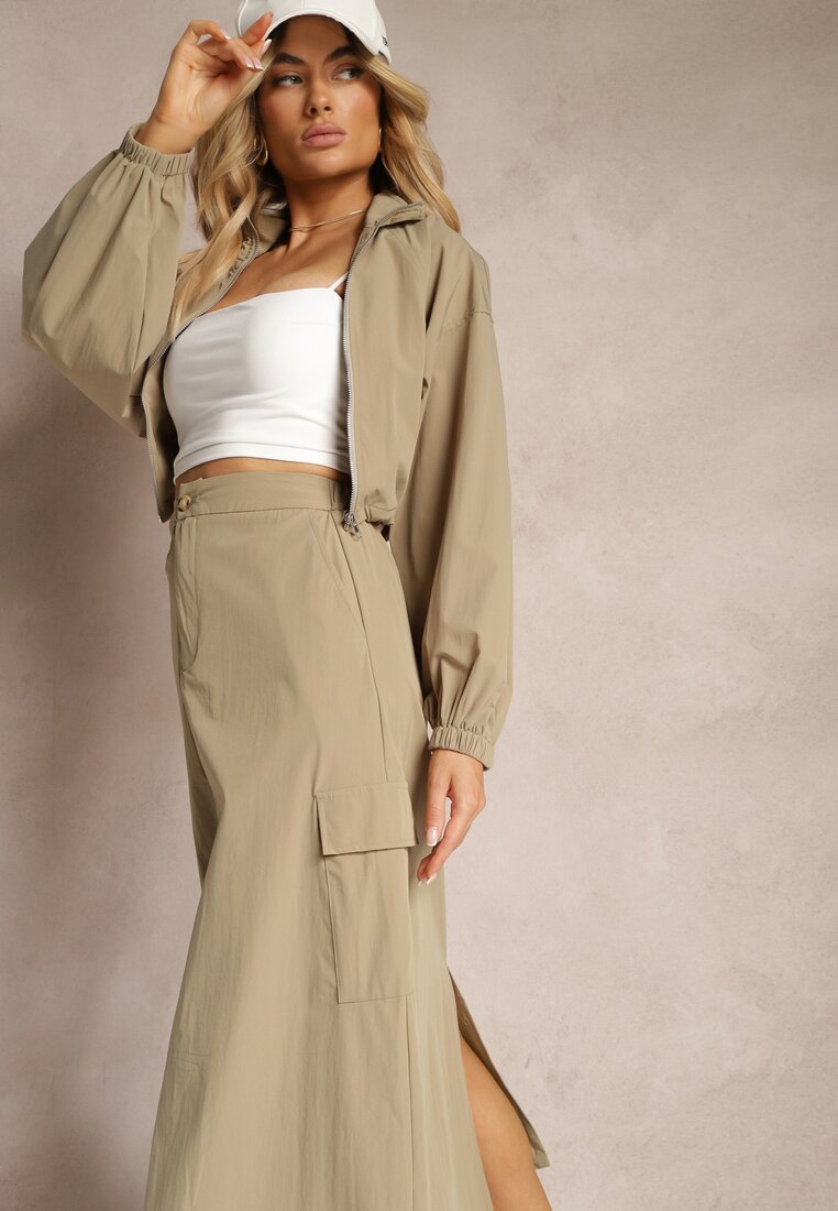 Complet casual verde închis din 2 piese Bluză cu fermoar și Fustă cu buzunare cu clapetă Lennira