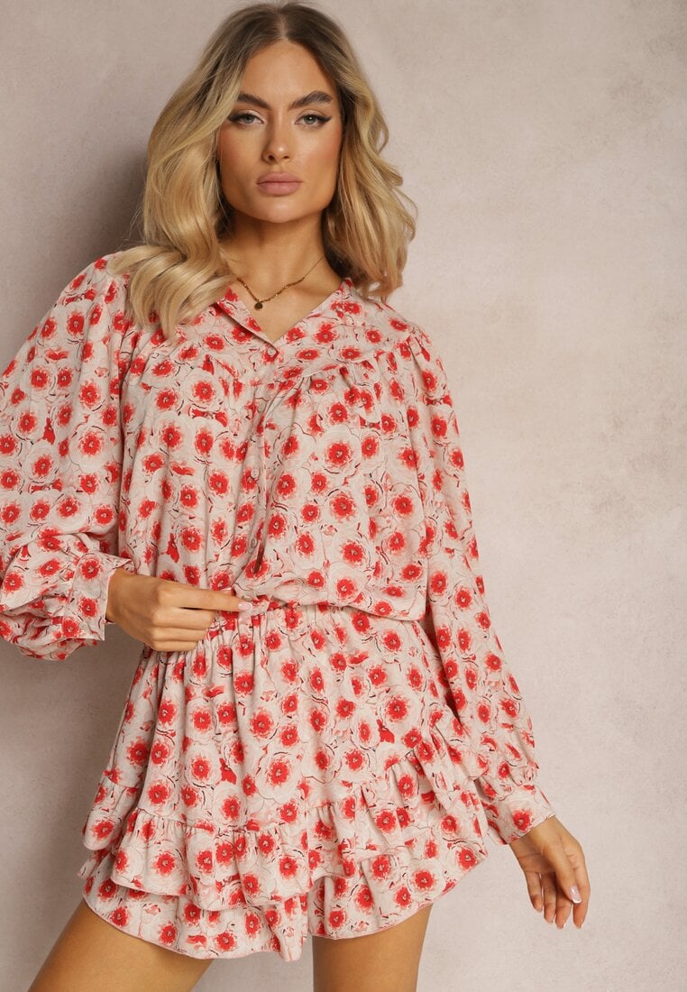 Cămașă Bej-Roșie cu mânecă lungă încheiată cu nasturi cu guler tip tunică Lannese